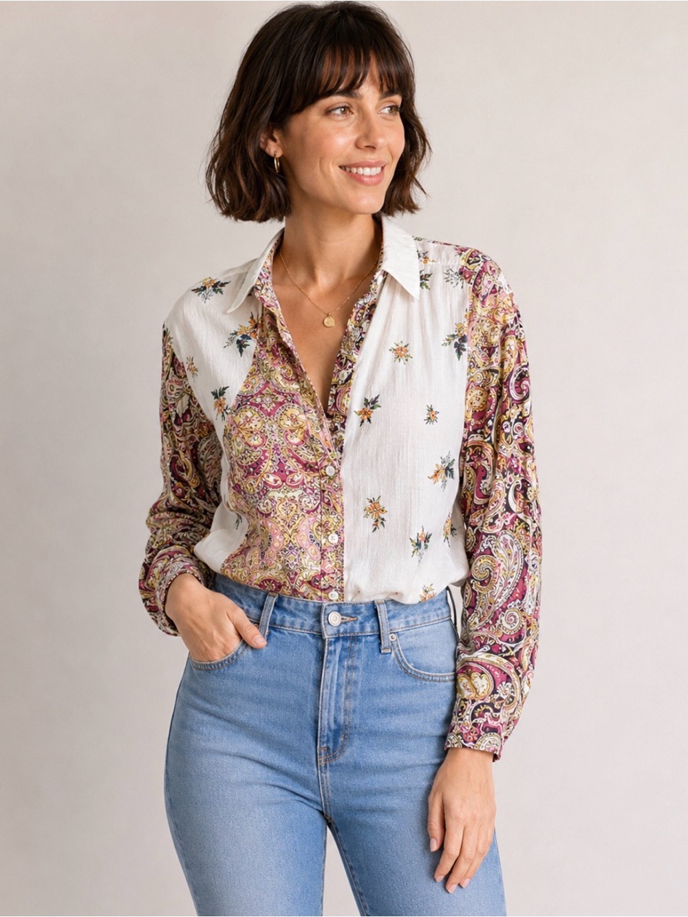 Boho Mixed Pattern Button Front Blouse – Size Large